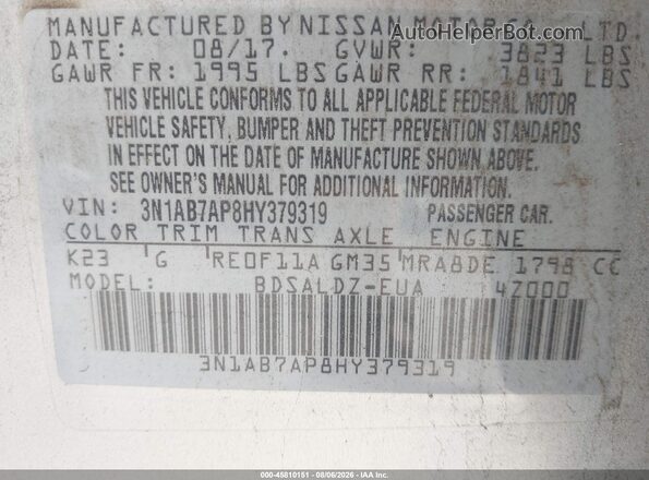 3N1AB7AP8HY379319 2017 NISSAN SENTRA Silver Vista del compartimento del motor