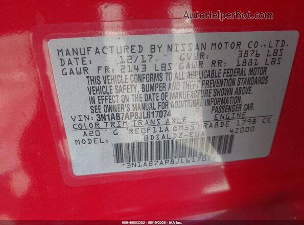 3N1AB7AP8JL617074 2018 NISSAN SENTRA Red Вид підкапотного простору
