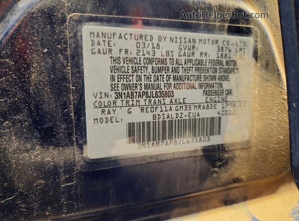3N1AB7AP8JL635803 2018 NISSAN SENTRA Blue VIN կոդի պիտակի տեսք