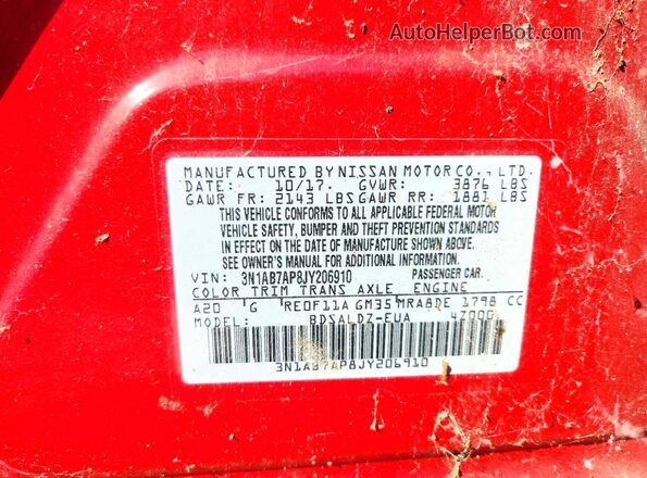 3N1AB7AP8JY206910 2018 NISSAN SENTRA Red 