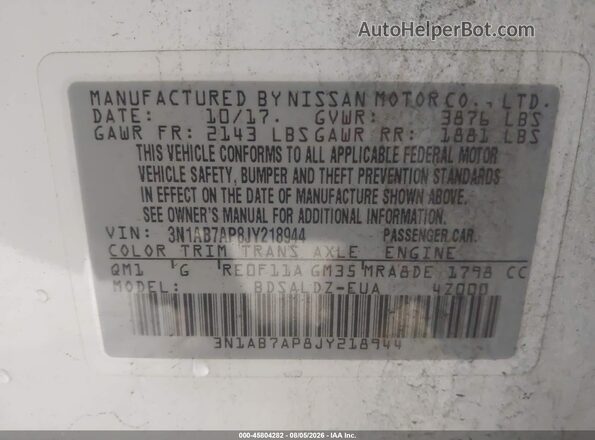 3N1AB7AP8JY218944 2018 NISSAN SENTRA White Widok komory silnika