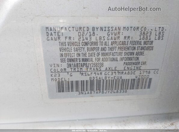 3N1AB7AP8JY268338 2018 NISSAN SENTRA Silver Engine compartment view