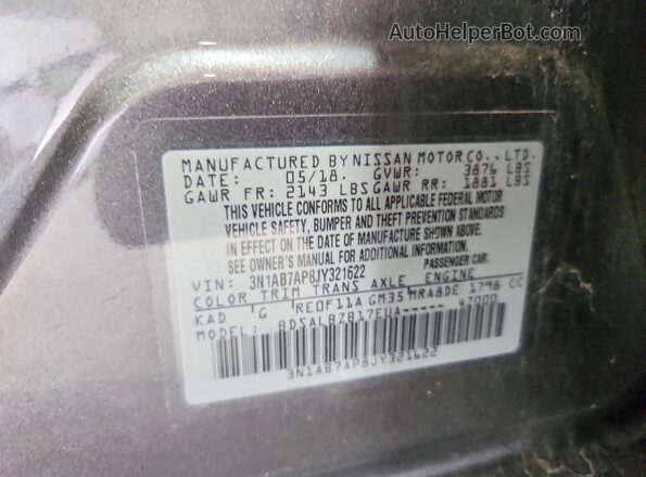 3N1AB7AP8JY321622 2018 NISSAN SENTRA Gray Vista de la etiqueta del VIN