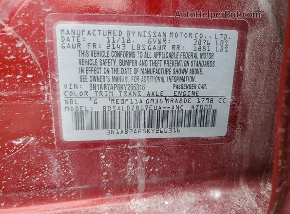 3N1AB7AP8KY266316 2019 NISSAN SENTRA Red 