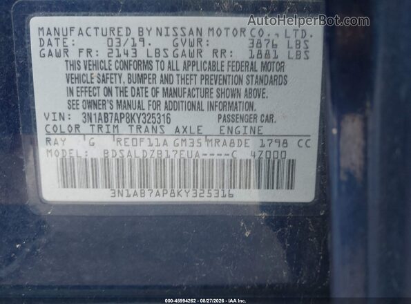 3N1AB7AP8KY325316 2019 NISSAN SENTRA Blue Widok komory silnika