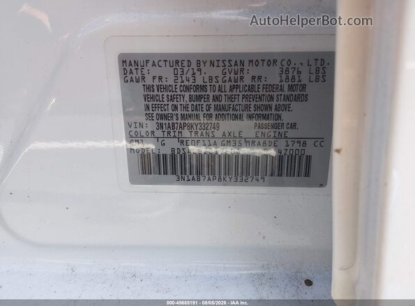 3N1AB7AP8KY332749 2019 NISSAN SENTRA White Շարժիչի բաժամունքի տեսք
