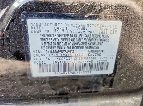 3N1AB7AP8KY343993 2019 NISSAN SENTRA Black ძრავის განყოფილების ხედი