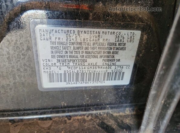 3N1AB7AP8KY370904 2019 NISSAN SENTRA Black VIN კოდის სტიკერის ხედი