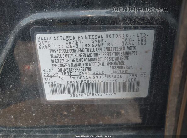 3N1AB7AP8KY374788 2019 NISSAN SENTRA Черный Вид подкапотного пространства