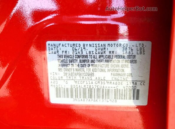 3N1AB7AP8KY376928 2019 NISSAN SENTRA Red Vista del compartimento del motor