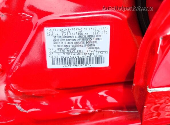 3N1AB7AP8KY405201 2019 NISSAN SENTRA Red ძრავის განყოფილების ხედი