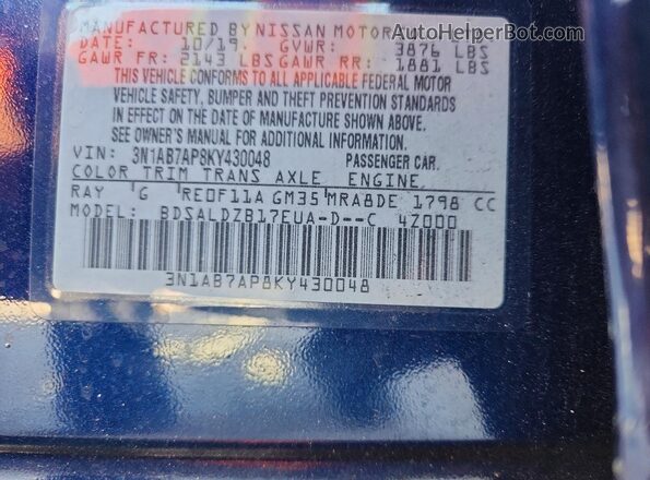 3N1AB7AP8KY430048 2019 NISSAN SENTRA Blue VIN კოდის სტიკერის ხედი