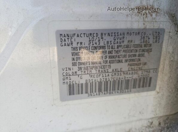 3N1AB7AP8KY430115 2019 NISSAN SENTRA White Շարժիչի բաժամունքի տեսք