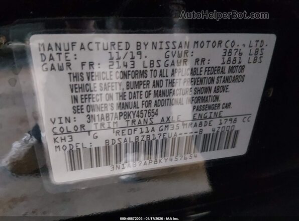 3N1AB7AP8KY457654 2019 NISSAN SENTRA Black Вид підкапотного простору