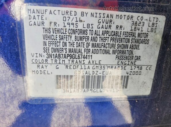3N1AB7AP9GL674411 2016 NISSAN SENTRA Blue ძრავის განყოფილების ხედი