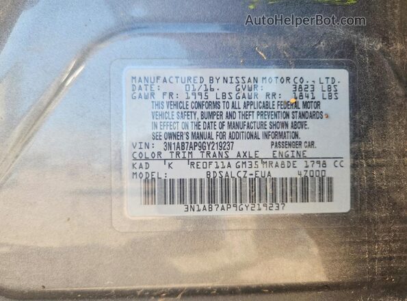 3N1AB7AP9GY219237 2016 NISSAN SENTRA Gray ძრავის განყოფილების ხედი