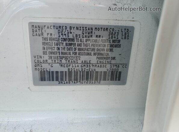 3N1AB7AP9GY231372 2016 NISSAN SENTRA White Vista del compartimento del motor
