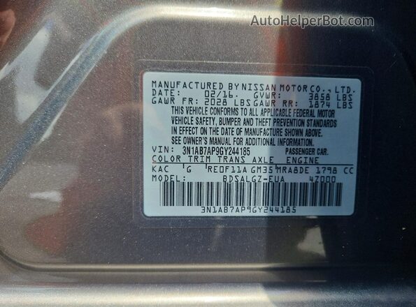 3N1AB7AP9GY244185 2016 NISSAN SENTRA Charcoal VIN sticker view