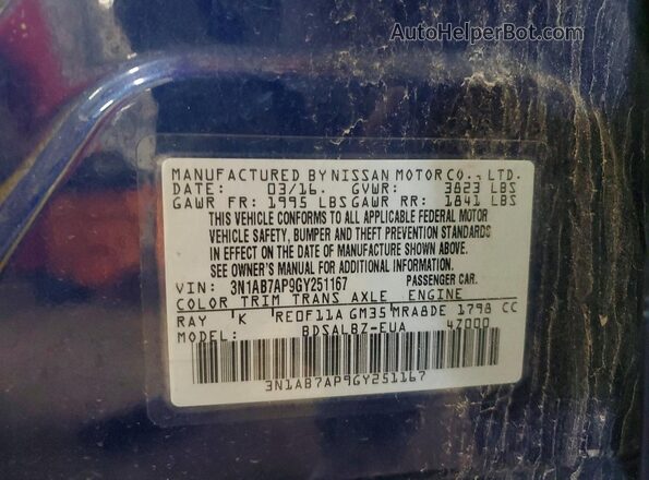 3N1AB7AP9GY251167 2016 NISSAN SENTRA Blue Вид наклейки з VIN-кодом