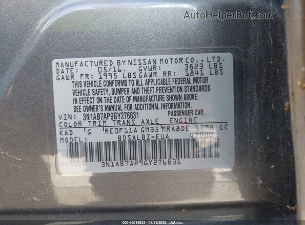 3N1AB7AP9GY276831 2016 NISSAN SENTRA Серый Вид подкапотного пространства