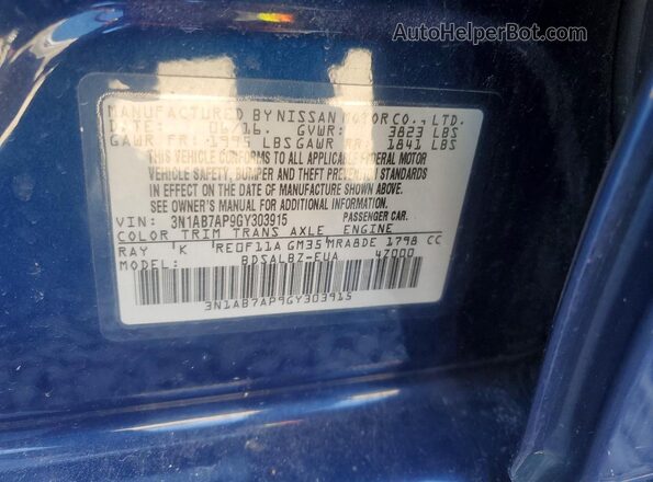 3N1AB7AP9GY303915 2016 NISSAN SENTRA Blue Vista de la etiqueta del VIN
