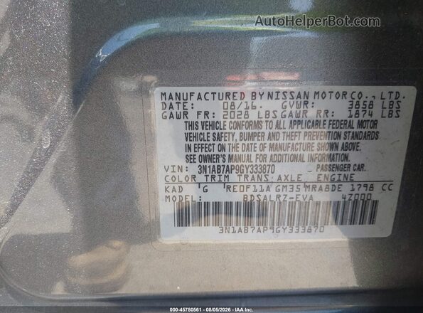 3N1AB7AP9GY333870 2016 NISSAN SENTRA Gray Vista del compartimento del motor