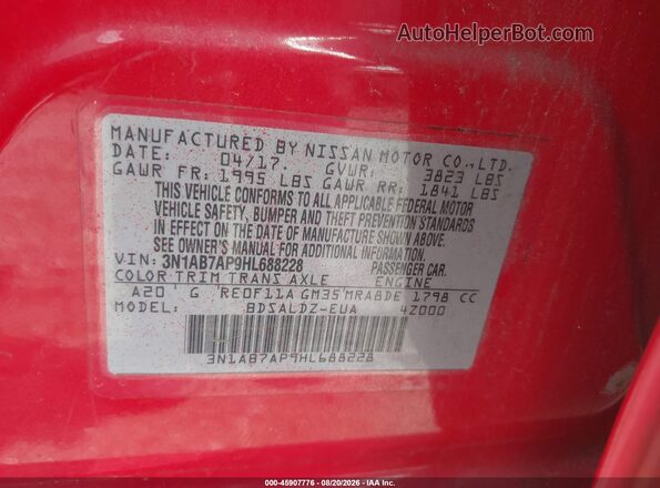 3N1AB7AP9HL688228 2017 NISSAN SENTRA Красный Вид подкапотного пространства