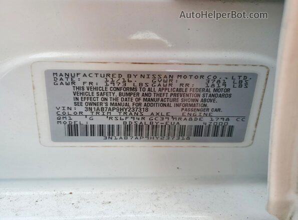 3N1AB7AP9HY237318 2017 NISSAN SENTRA White Widok komory silnika