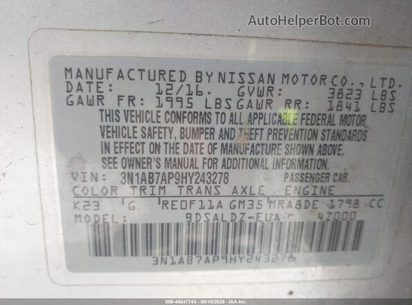 3N1AB7AP9HY243278 2017 NISSAN SENTRA Серебряный Вид подкапотного пространства