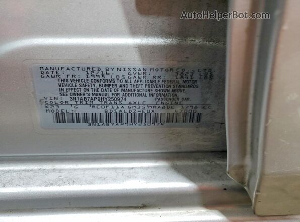 3N1AB7AP9HY250974 2017 NISSAN SENTRA Silver Вид наклейки з VIN-кодом