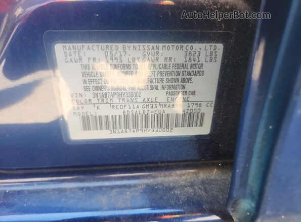 3N1AB7AP9HY330002 2017 NISSAN SENTRA Синий Вид наклейки с VIN-кодом