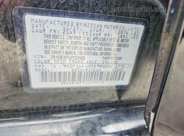 3N1AB7AP9JY234490 2018 NISSAN SENTRA Black ძრავის განყოფილების ხედი