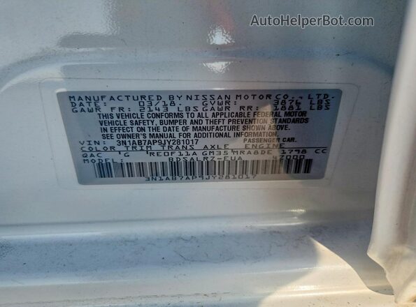 3N1AB7AP9JY281017 2018 NISSAN SENTRA White Widok komory silnika