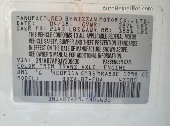 3N1AB7AP9JY306630 2018 NISSAN SENTRA Белый Вид подкапотного пространства