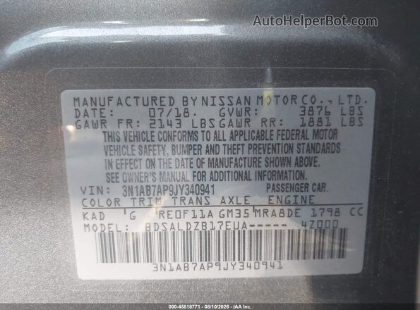 3N1AB7AP9JY340941 2018 NISSAN SENTRA Silver Շարժիչի բաժամունքի տեսք
