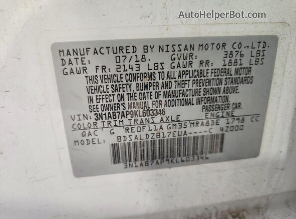 3N1AB7AP9KL603346 2019 NISSAN SENTRA White Widok naklejki z numerem VIN