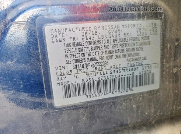 3N1AB7AP9KY222096 2019 NISSAN SENTRA Blue Շարժիչի բաժամունքի տեսք