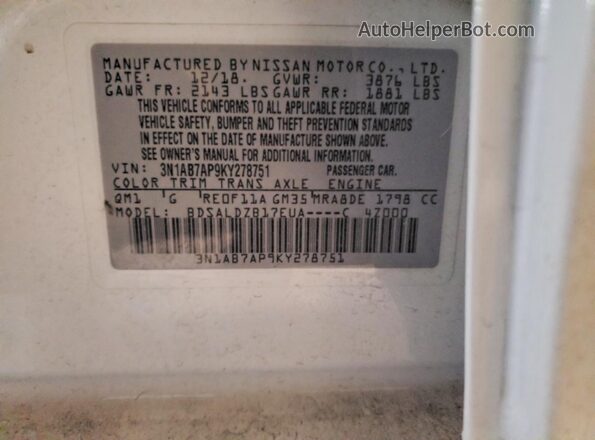 3N1AB7AP9KY278751 2019 NISSAN SENTRA White 
