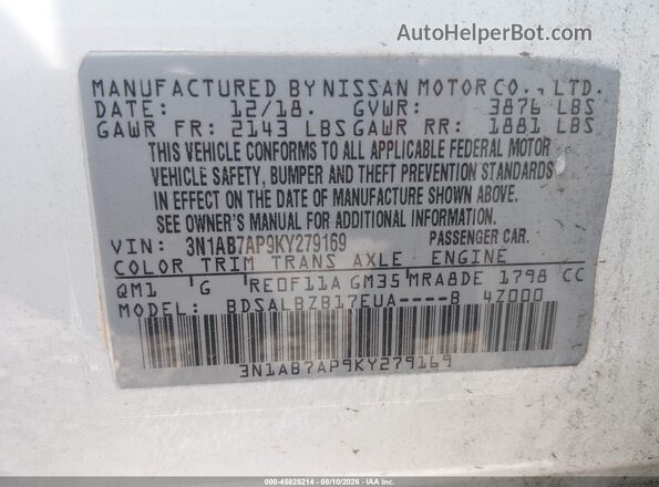 3N1AB7AP9KY279169 2019 NISSAN SENTRA White ძრავის განყოფილების ხედი