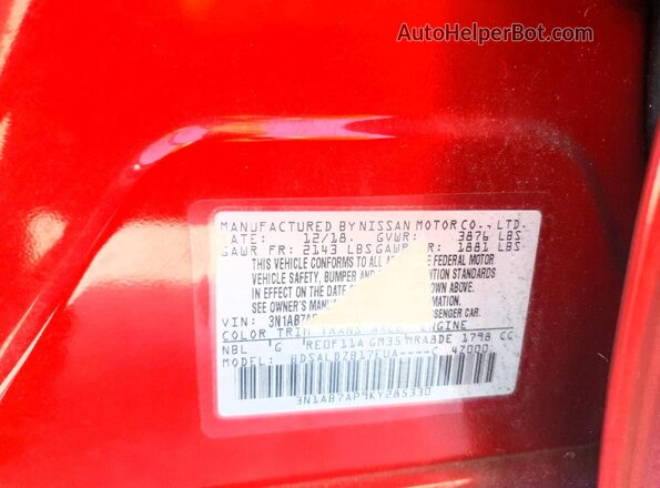 3N1AB7AP9KY285330 2019 NISSAN SENTRA Красный Вид подкапотного пространства