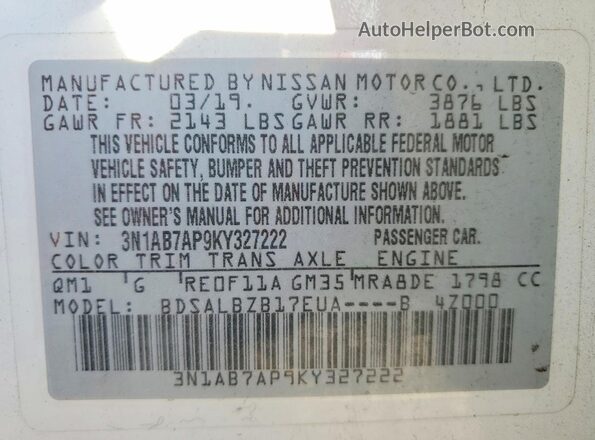 3N1AB7AP9KY327222 2019 NISSAN SENTRA White VIN sticker view