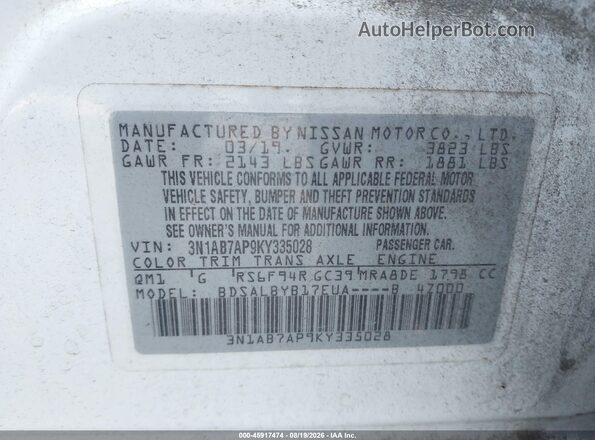 3N1AB7AP9KY335028 2019 NISSAN SENTRA White Vista del compartimento del motor