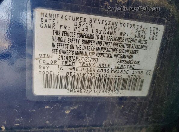 3N1AB7AP9KY357353 2019 NISSAN SENTRA Синий Вид наклейки с VIN-кодом