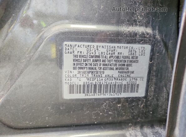 3N1AB7AP9KY361919 2019 NISSAN SENTRA Gray VIN կոդի պիտակի տեսք