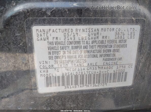 3N1AB7AP9KY362729 2019 NISSAN SENTRA Black Widok komory silnika