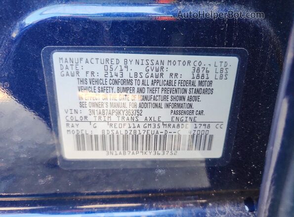 3N1AB7AP9KY363752 2019 NISSAN SENTRA Blue Շարժիչի բաժամունքի տեսք