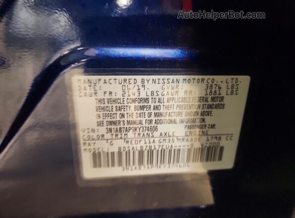 3N1AB7AP9KY374606 2019 NISSAN SENTRA Blue ძრავის განყოფილების ხედი