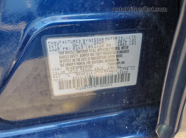 3N1AB7AP9KY381801 2019 NISSAN SENTRA Blue Vista del compartimento del motor