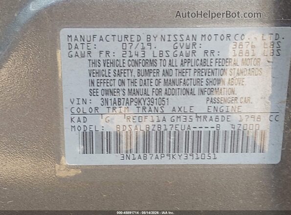 3N1AB7AP9KY391051 2019 NISSAN SENTRA Gray Widok komory silnika