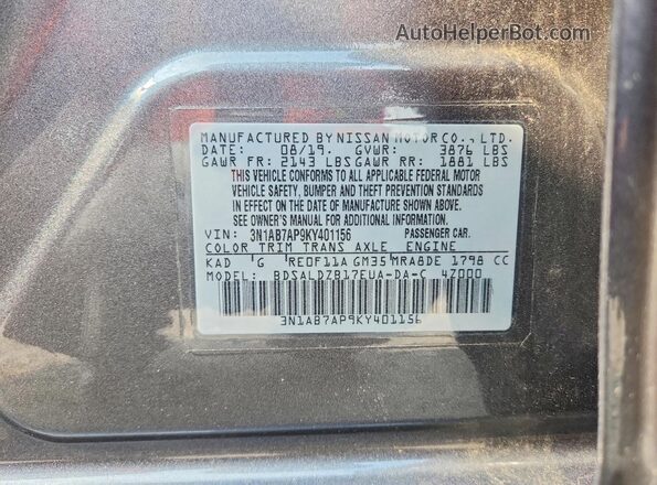 3N1AB7AP9KY401156 2019 NISSAN SENTRA Gray Widok naklejki z numerem VIN
